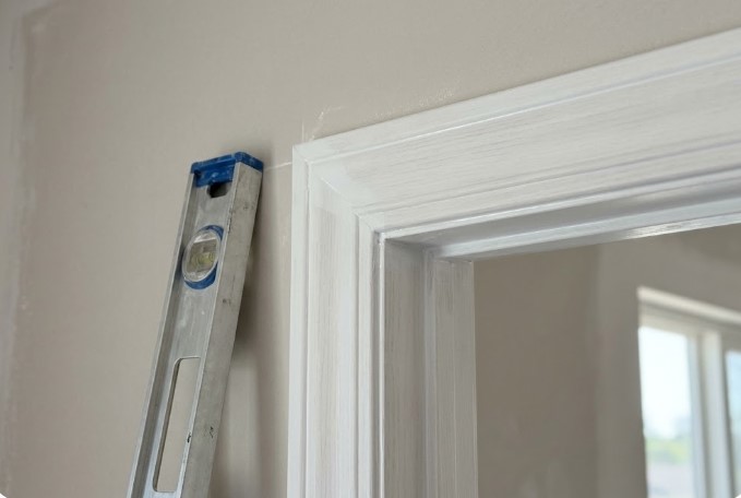 New door casing with a coat of white primer, wood grain still showing, where it meets the wall