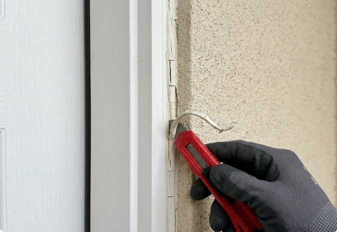 Gloved hand using a utility knife to cut out old, cracked caulk between a white door casing and textured stucco